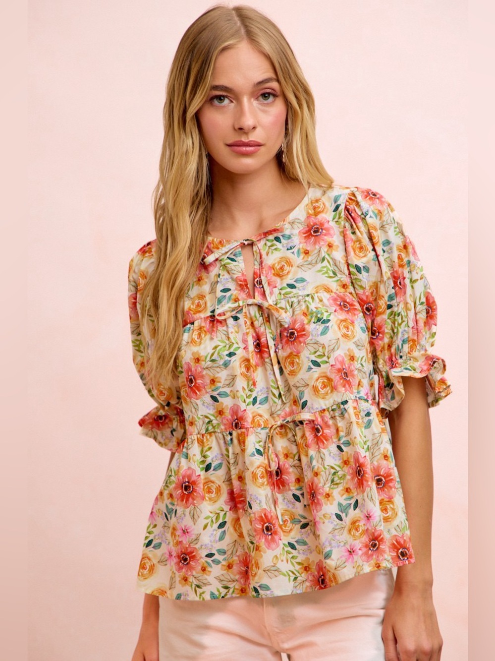 BiBi Flower Printed Shirring Detail Blouse Top🛍️